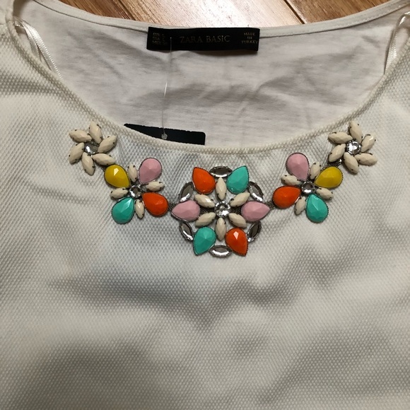 NWT ZARA BASIC Cream Embellished Top (Size L) - Picture 2 of 5